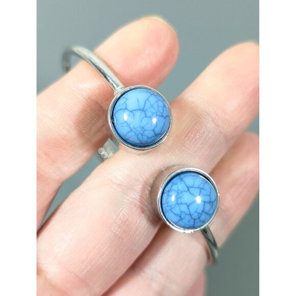 Boho Blue Faux Stone Cabochon Cuff Bracelet Silver Tone 6.5" - Picture 4 of 8